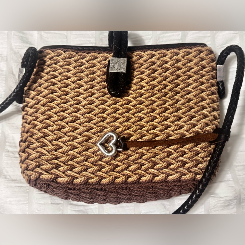 Brighton Woven Beige Brown Rattan Purse Bag LeatherStraps Silver Charms vintage